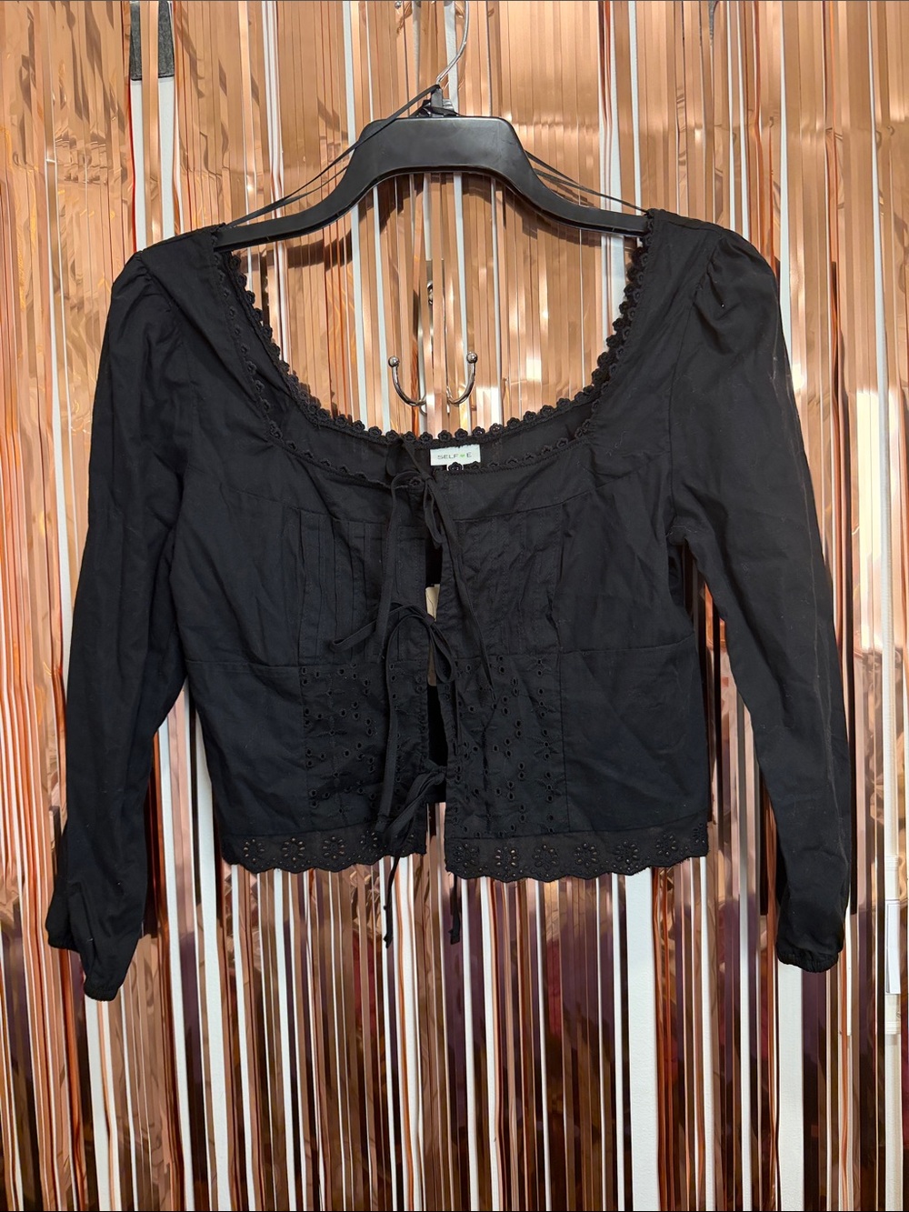 Eyelet Tie-Front Black Tunic Top